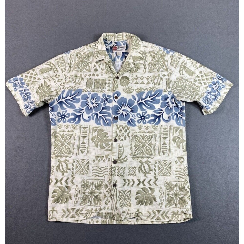 Hilo Hattie Shirt Mens Large Tan Blue Floral Hawaiian Cotton Tropical Lightweigh